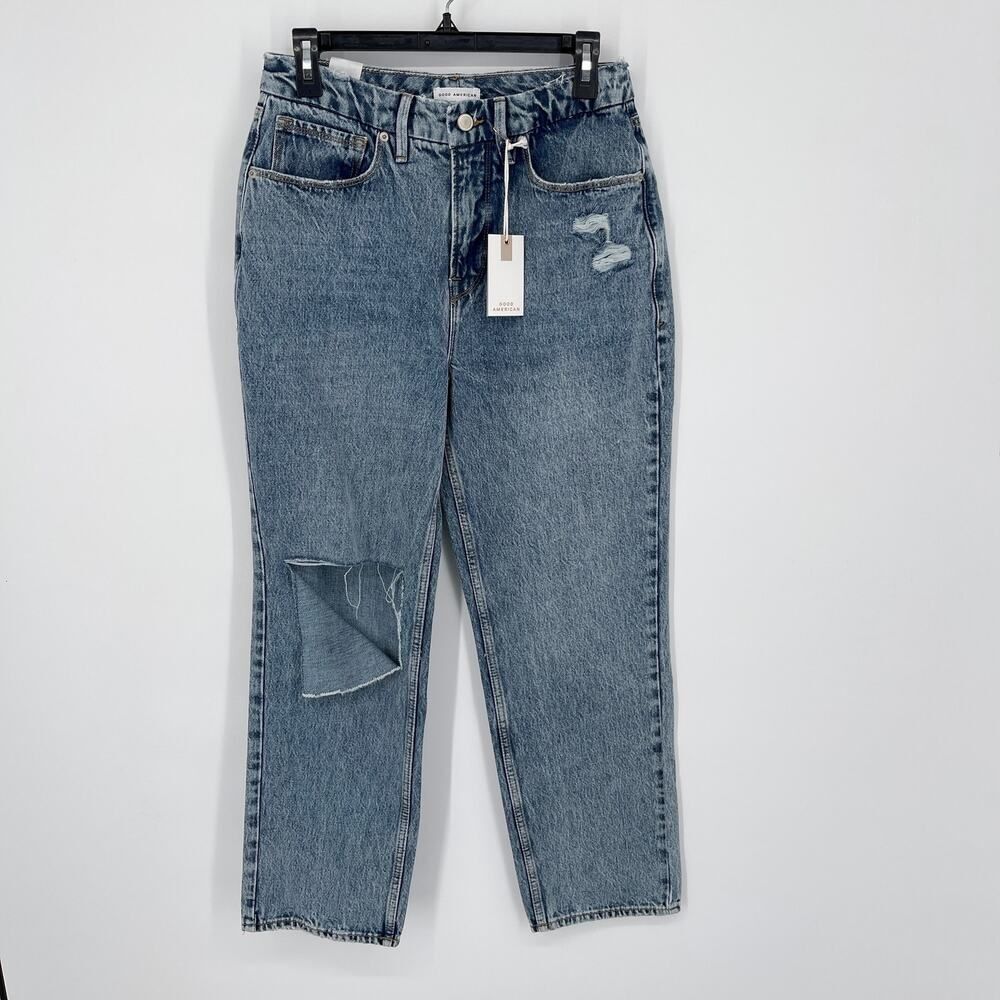 Good American 90s Duster Straight Leg Distressed Jeans NEW Blue Size 6 / 28